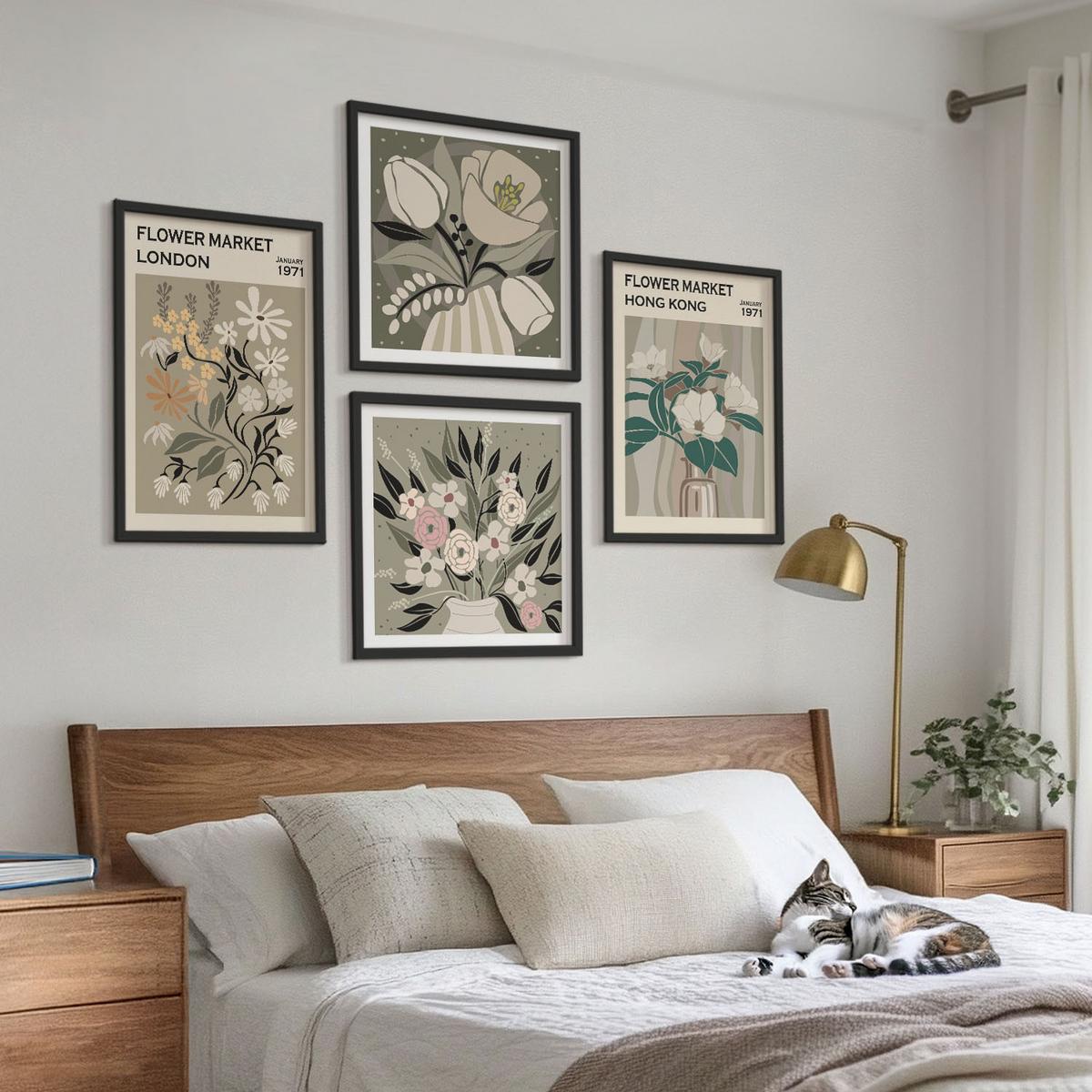 BILDER SET 4er Set - 50x50 cm & 40x60 cm Schwarzer Rahmen - Blumenillustrationen London Hongkong - Schwarz, Kunststoff (50/50cm) - TULUP