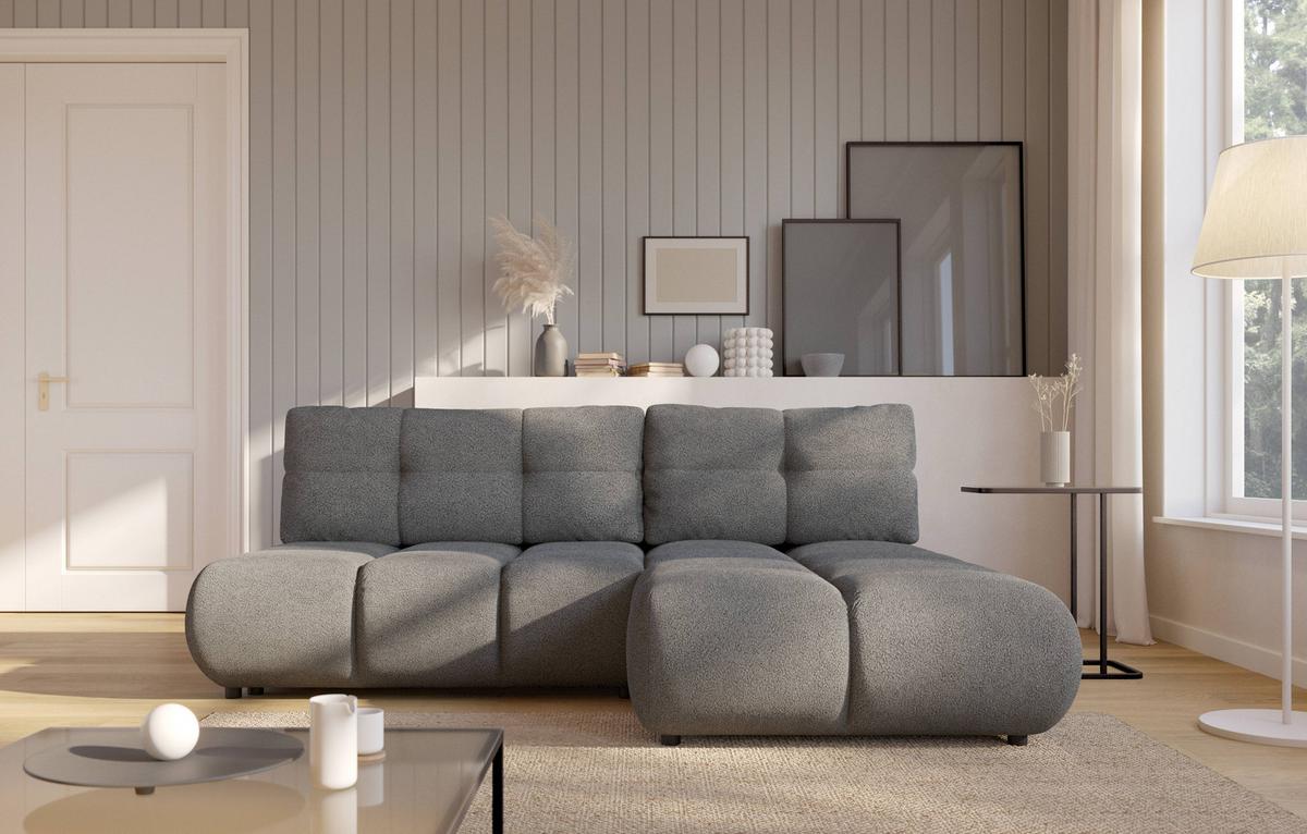 ECKSOFA CORSO R-S Grau Boucle-Stoff mit Schlaffunktion - Dunkelgrau, Holz (230/177cm) - MASSENO