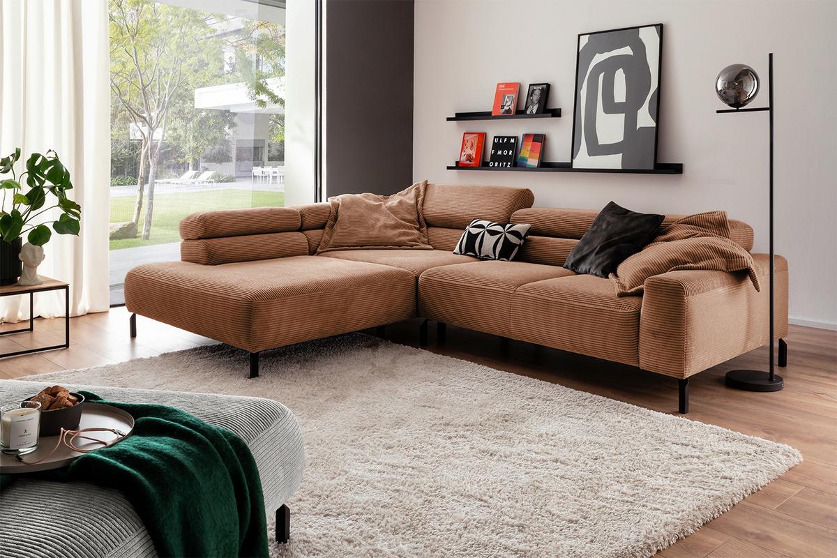 ECKSOFA DELIA Braun Cord Relaxfunktion - Schwarz/Braun, Textil/Metall (276/219cm) - KAWOLA