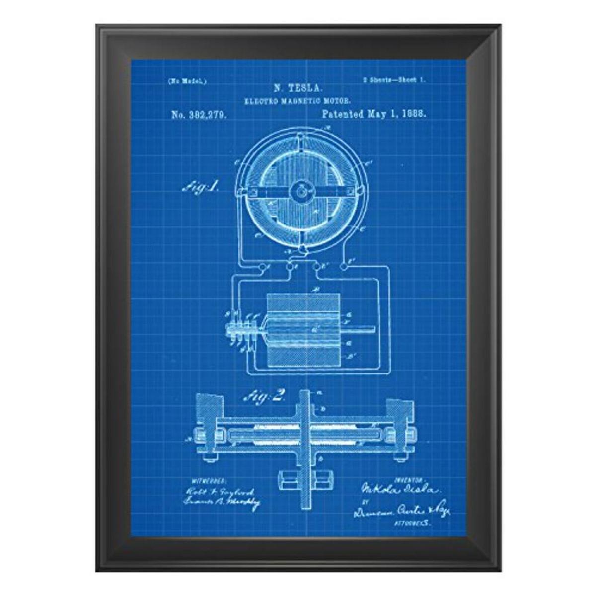 POSTER Set mit 4 Blau Patenten Strom A4 Schwarzer Rahmen - Schwarz, Papier (29.7/3cm) - Nacnic