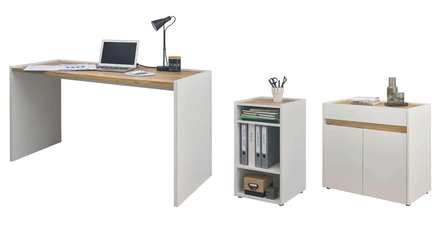 SCHREIBTISCHKOMBINATION 3-teilig weiß, Eiche Wotan 143 cm, Büromöbel Set mit Aktenregal und Kommode - Eichefarben/Eiche Wotan, Holzwerkstoff/Kunststoff (140/143/76cm) - Furn.Design