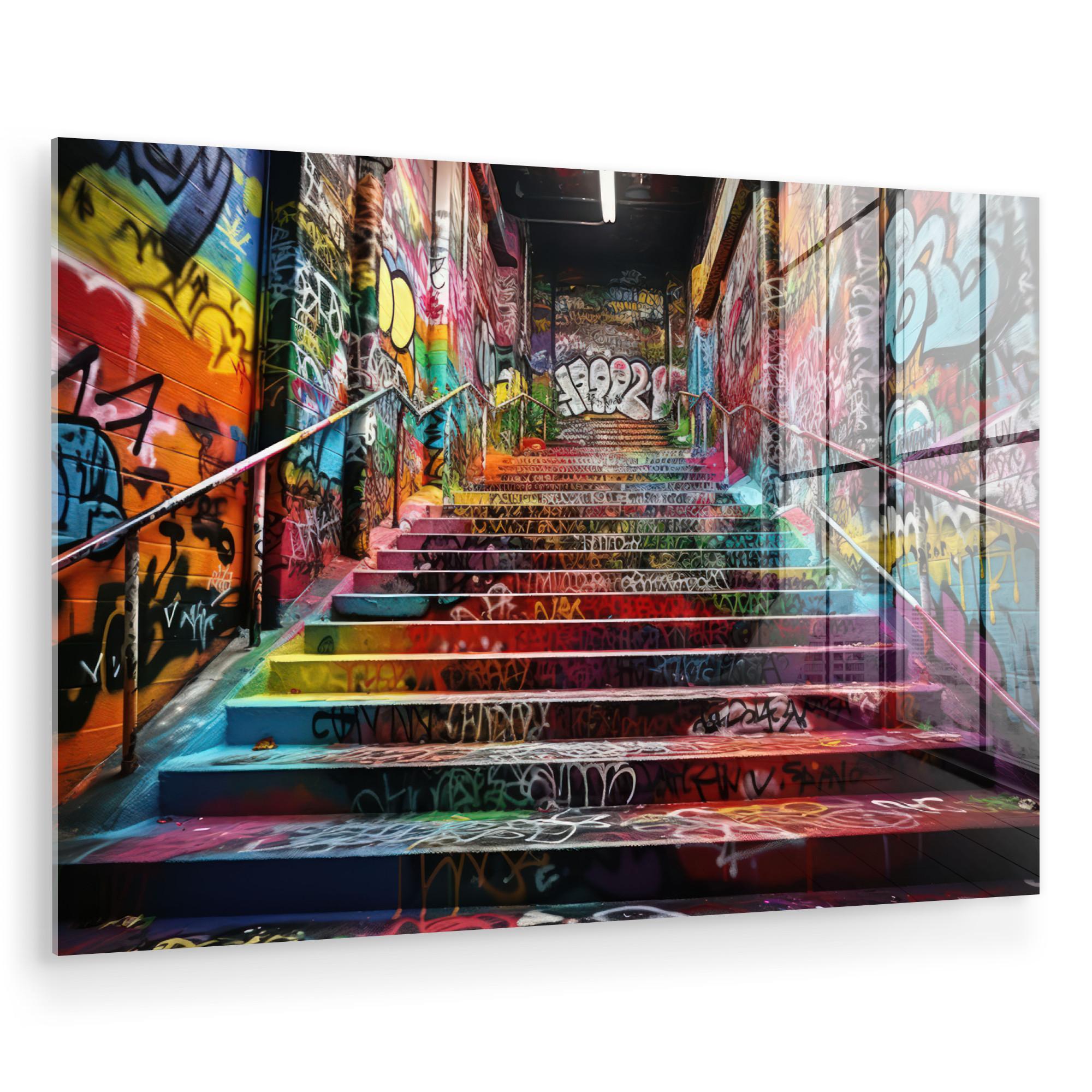 ACRYLGLASBILD Treppe - Graffiti - Farben - Kunst Wandbild Schlafzimmer 120x80 cm - Multicolor, Glas (120/80cm) - MuchoWow