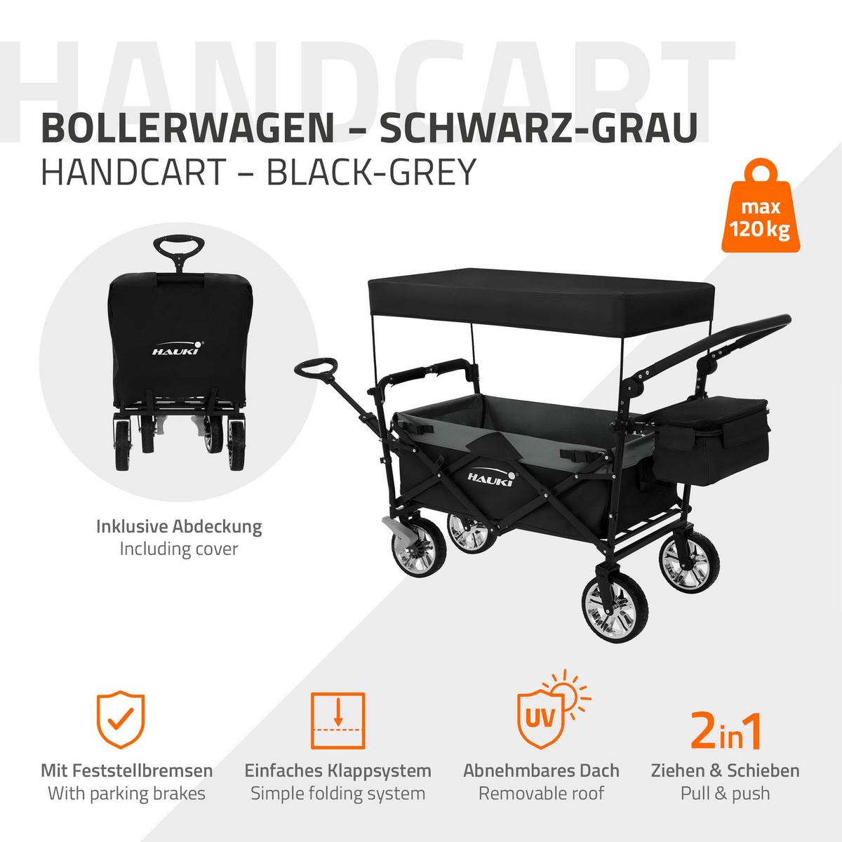 BOLLERWAGEN faltbar mit Dach XXL Schwarz-Grau Handwagen für Kinder Strand Picknick - Schwarz, Metall (56/99/196cm) - Hauki