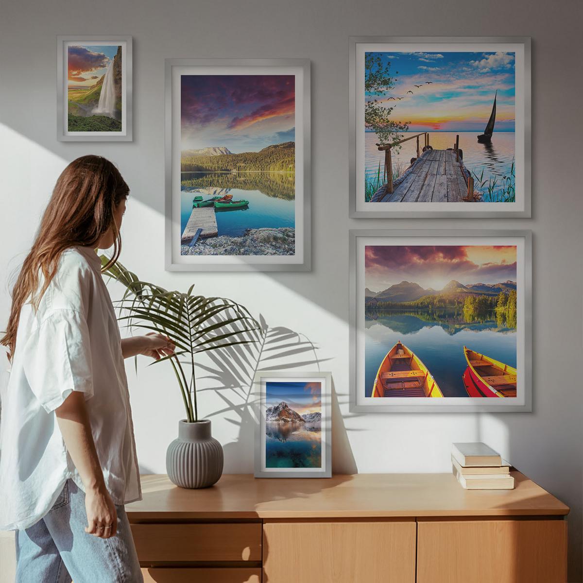 BILDER SET 5er Set - 50x50 cm & 20x30 cm & 40x60 cm Silberner Rahmen - Seen- und Berglandschaft Łódź - Silberfarben, Kunststoff (40/60cm) - TULUP