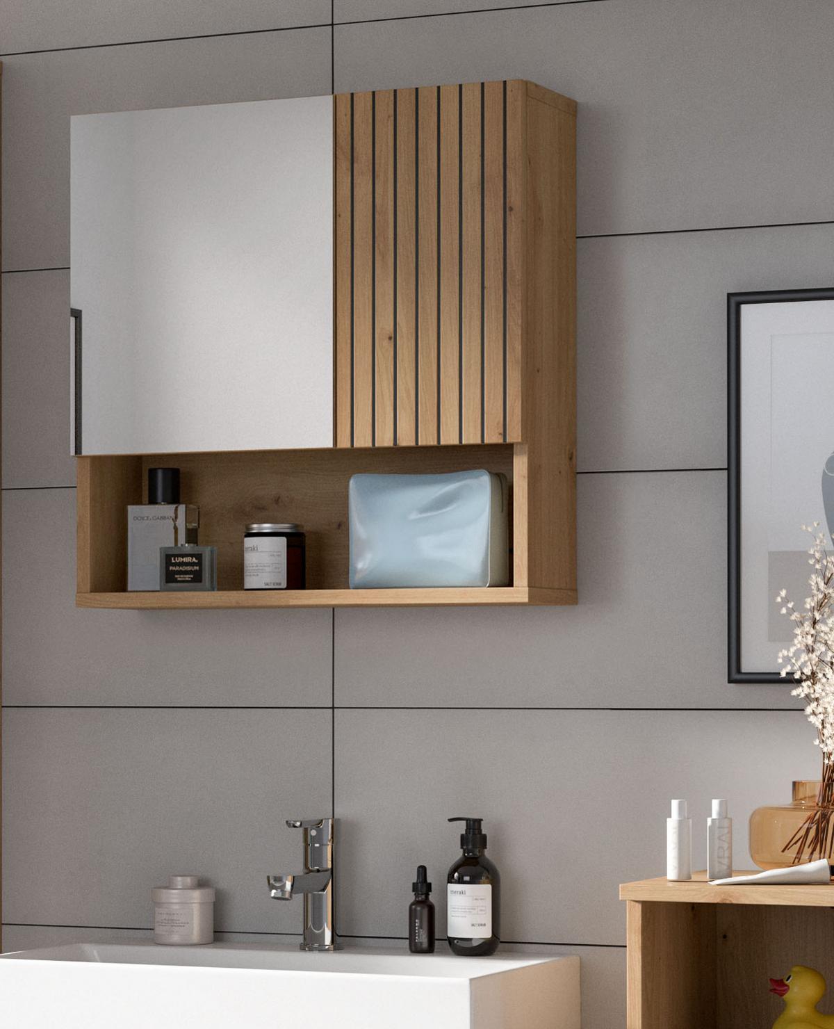 SPIEGELSCHRANK Eiche Artisan, 54 x 55 cm, Badezimmer Schrank mit Spiegel - Eiche Artisan, Glas/Holzwerkstoff (60/55/17cm) - Inn.Furn