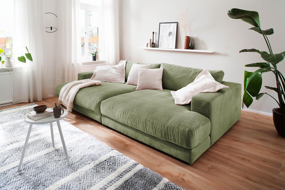 BIG SOFA MIT TABLETT MADELINE Grün Cord - Schwarz/Olivgrün, Kunststoff/Textil (290/85/170cm) - KAWOLA