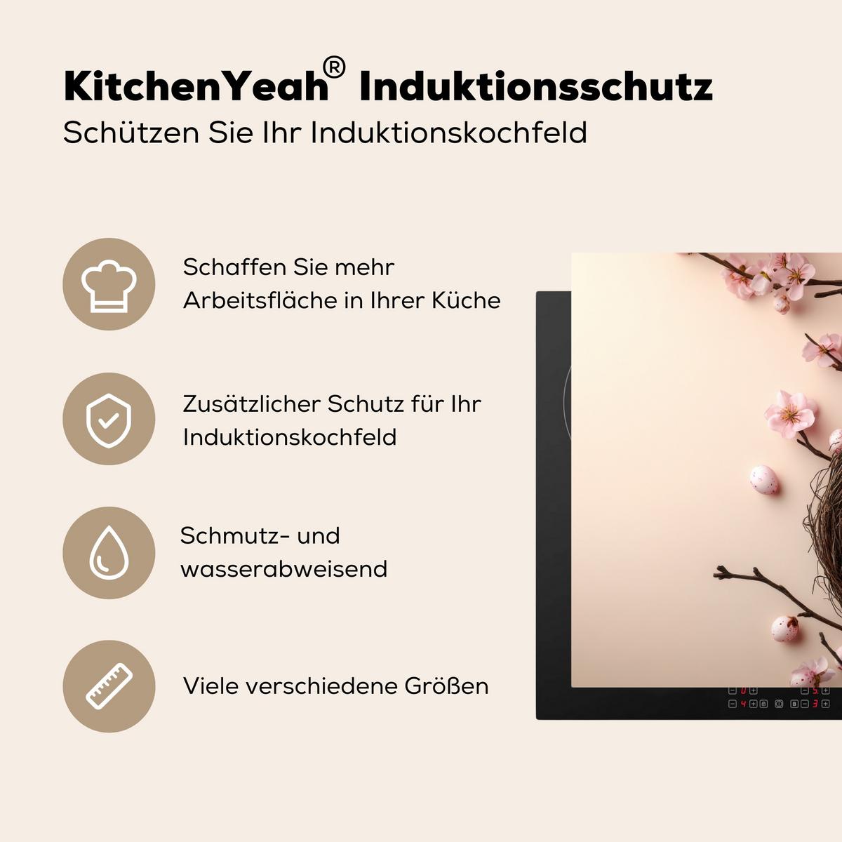 HERDABDECKPLATTE Rosa - Blüten - Eier Induktionsmatte 77x59 cm - Hellrosa, Kunststoff (77/59/0.2cm) - MuchoWow