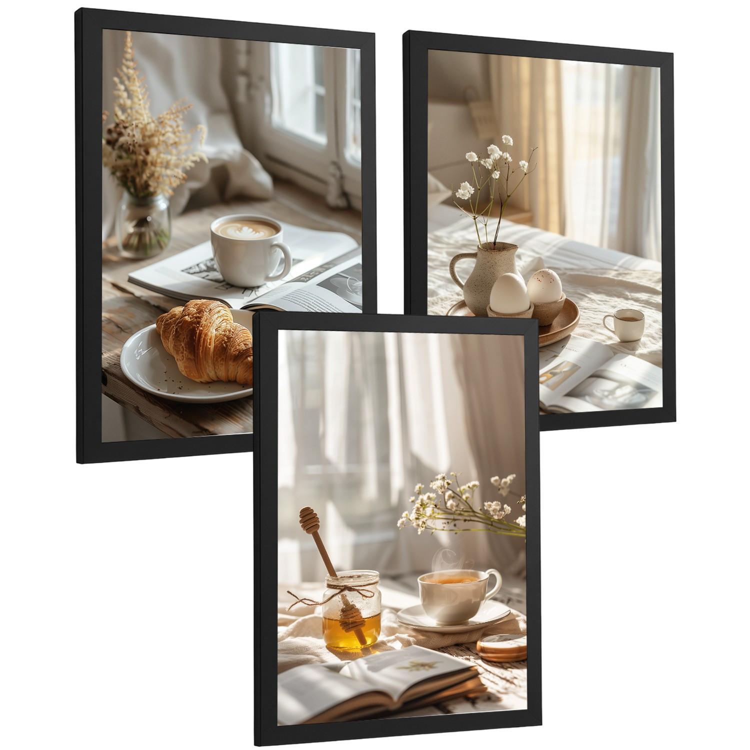 POSTER 3er Set Kaffee und Frühstück Wandbilder Croissant Honig und Tee Gemütlich Nordisch Küche Deko Schwarzer Rahmen A4 - Schwarz, Papier (29.7/1/21cm) - Nacnic