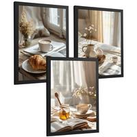 POSTER 3er Set Kaffee und Frühstück Wandbilder Croissant Honig und Tee Gemütlich Nordisch Küche Deko Schwarzer Rahmen A4 - Schwarz, Papier (29.7/1/21cm) - Nacnic