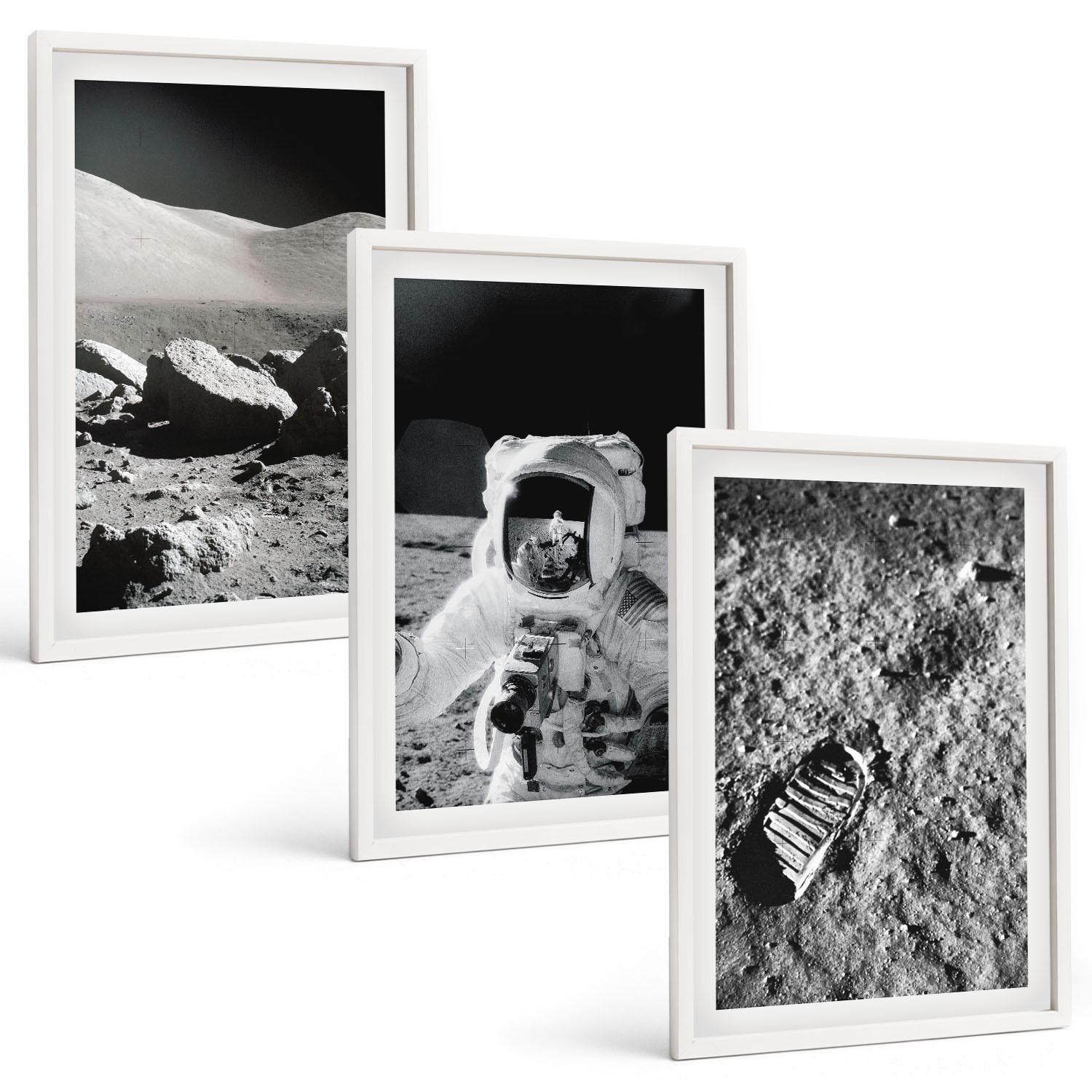 BILDER SET 3er Set - 40x60 cm Weißer Rahmen - NASA-Fotos vom Mond Astronaut - Weiß, Kunststoff (40/60cm) - TULUP