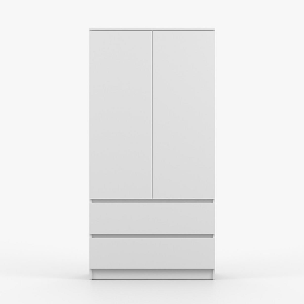 DREHTÜRENSCHRANK SOLO 2D2S, Schlafzimmer, Kleiderschrank Schrank 90 cm Weiß/Weiß, 2-türig, zwei Schubladen, grifflos - Weiß, Holzwerkstoff (90/180/50cm) - imoebel24