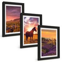BILDER SET 3er Set - 20x30 cm Schwarzer Rahmen - Berglandschaft mit einem Pferd - Schwarz, Kunststoff (20/30cm) - TULUP