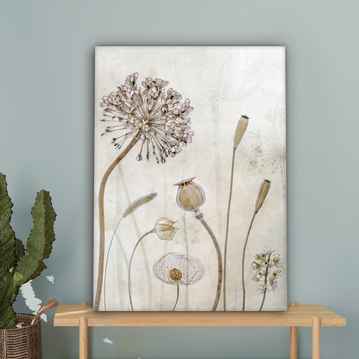 LEINWANDBILD Blumen - Aquarell - Stilleben - Braun - Vintage Wandbild Wohnzimmer 60x80 cm - Beige, Textil (60/80cm) - MuchoWow