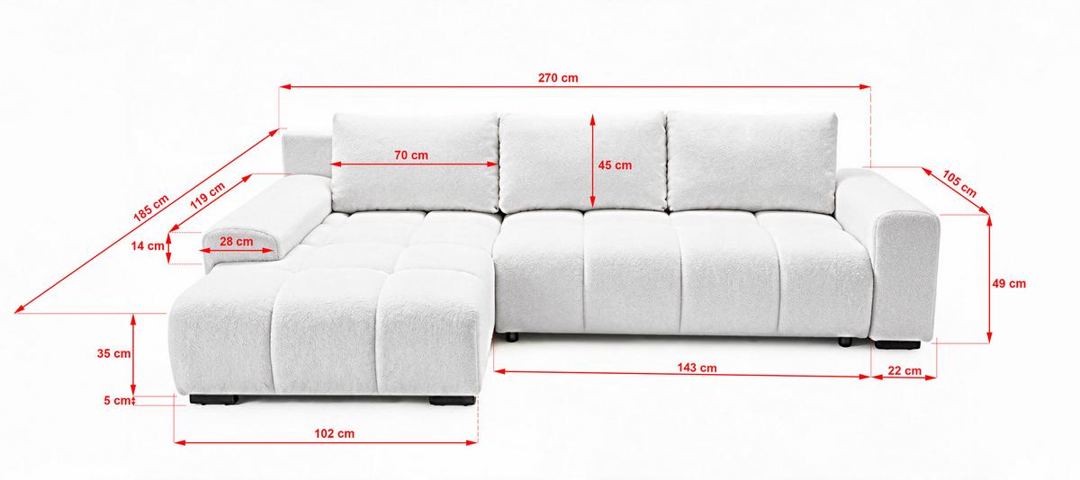 ECKSOFA Ovia mit Bettkasten und Schlaffunktion, Bouclé-Stoff in L-Form - Weiß, Textil (270/185cm)