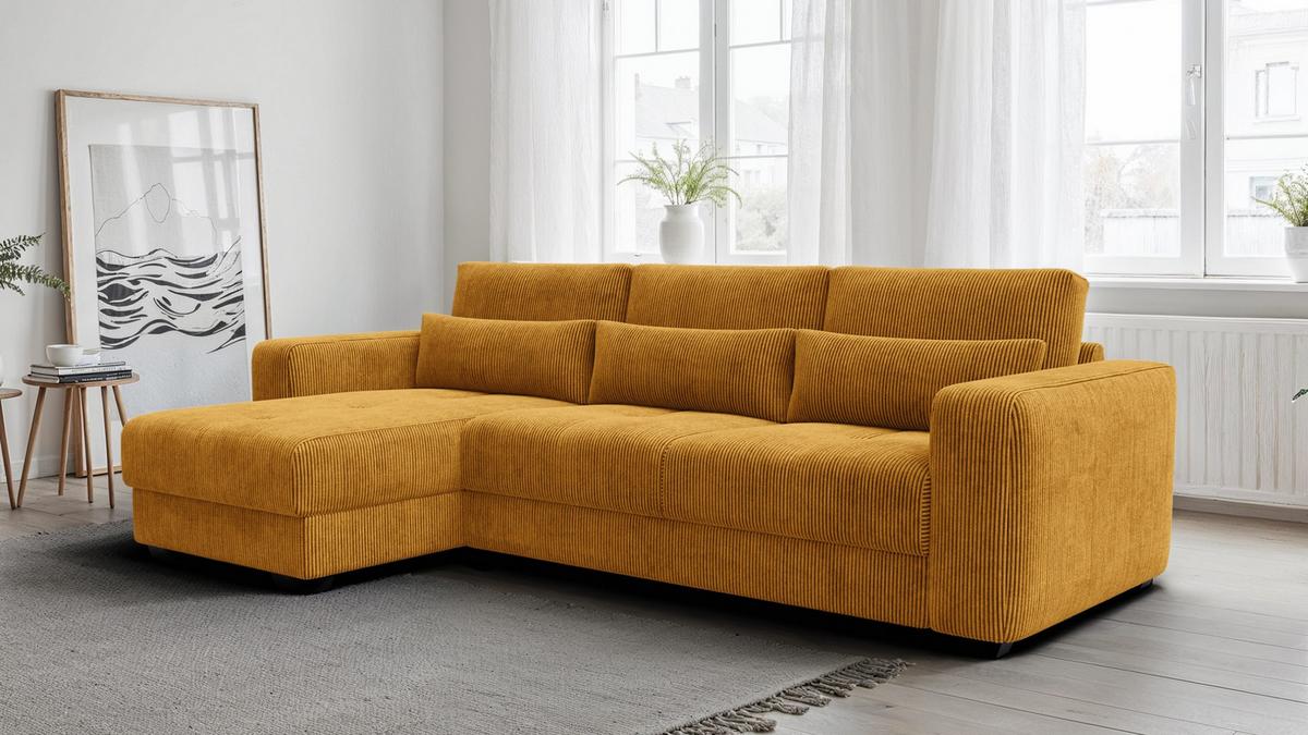 ECKSOFA OLI 4-Sitzer links, safran - Gelb, Holz/Textil (295/172cm) - Wozimo