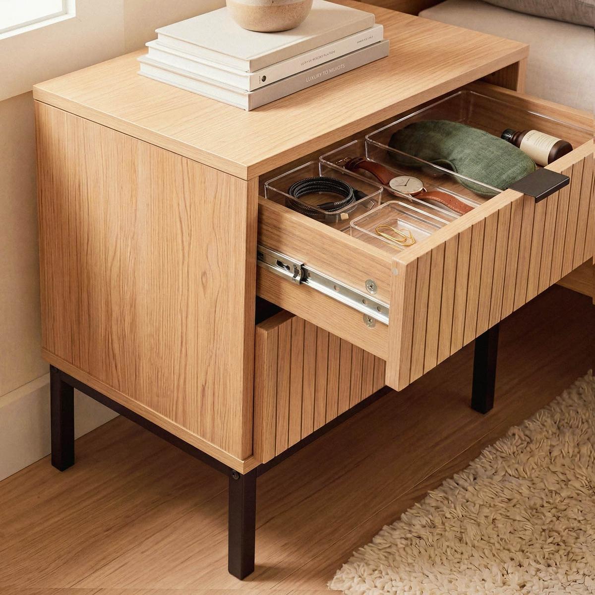 NACHTTISCH 2 Schubladen Effekt Holz mit Rillen - H51cm - Eschefarben, Holzwerkstoff (29/51/36cm) - Calicosy
