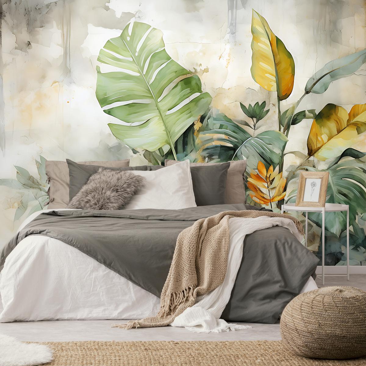 FOTOTAPETE für Wohnzimmer Tropische Blätter Aquarell Abstrakt 450x315 - Gelb/Beige, Papier (450/315cm) - Muralo