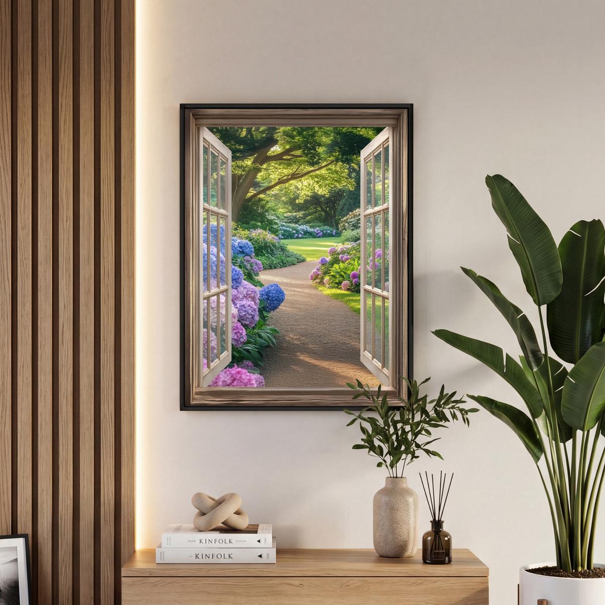LEINWAND Bilder mit Rahmen - Aussicht - Garten - Fenster - Hortensie - Blumen - 60x80 - Pastellblau, Textil (60/80cm) - MuchoWow