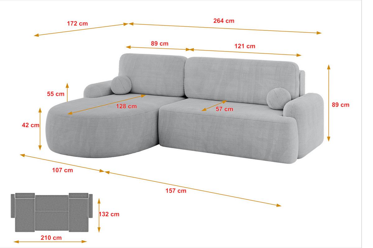 ECKSOFA mit Schlaffunktion und Bettkasten LIRA-L - 264x172x89Grau - Grau, Holzwerkstoff/Textil (264/172cm) - ALTDECOR