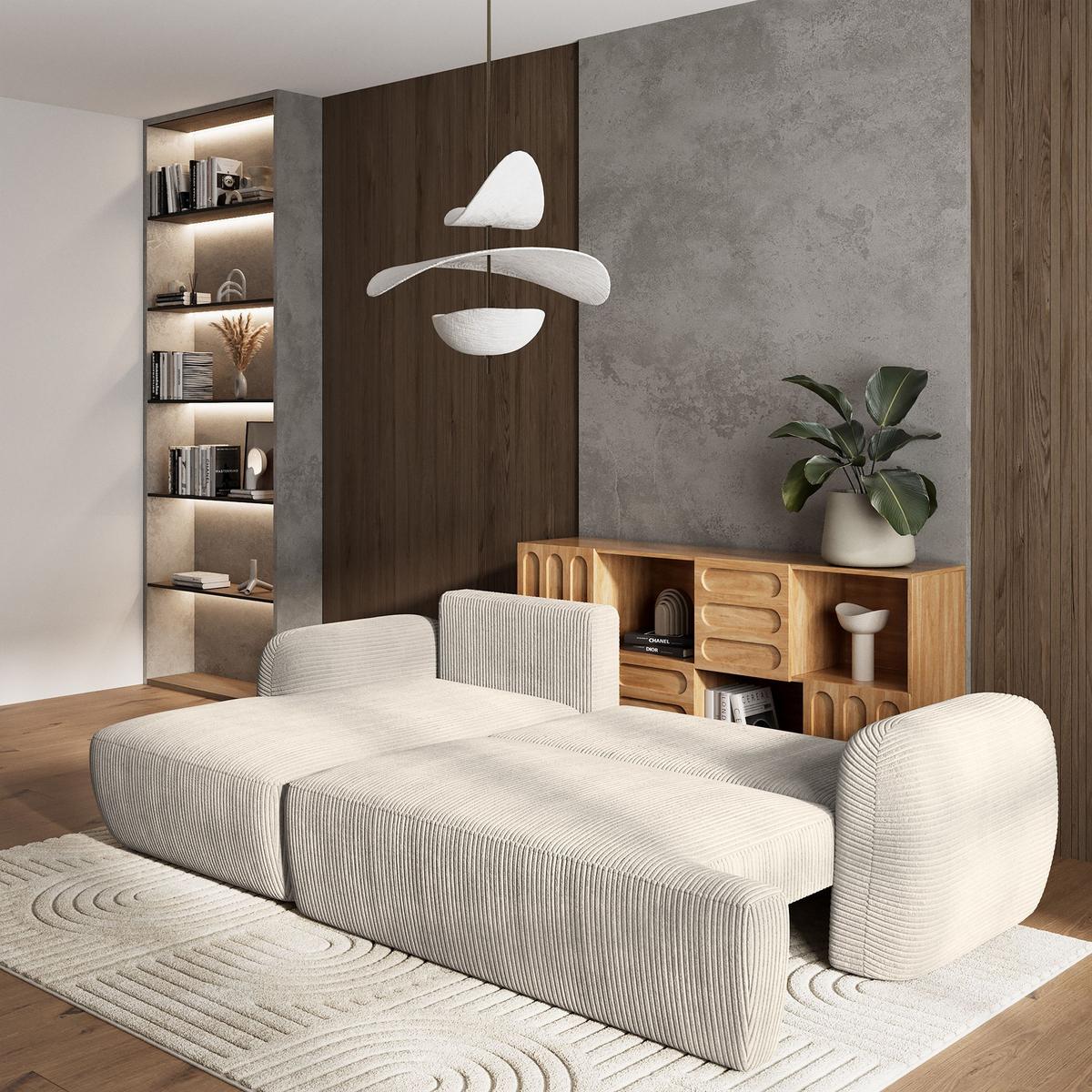 ECKSOFA MODENZA P L-S Creme Kordstoff mit Schlaffunktion - Creme/Schwarz, Holz/Kunststoff (266/148cm) - MASSENO