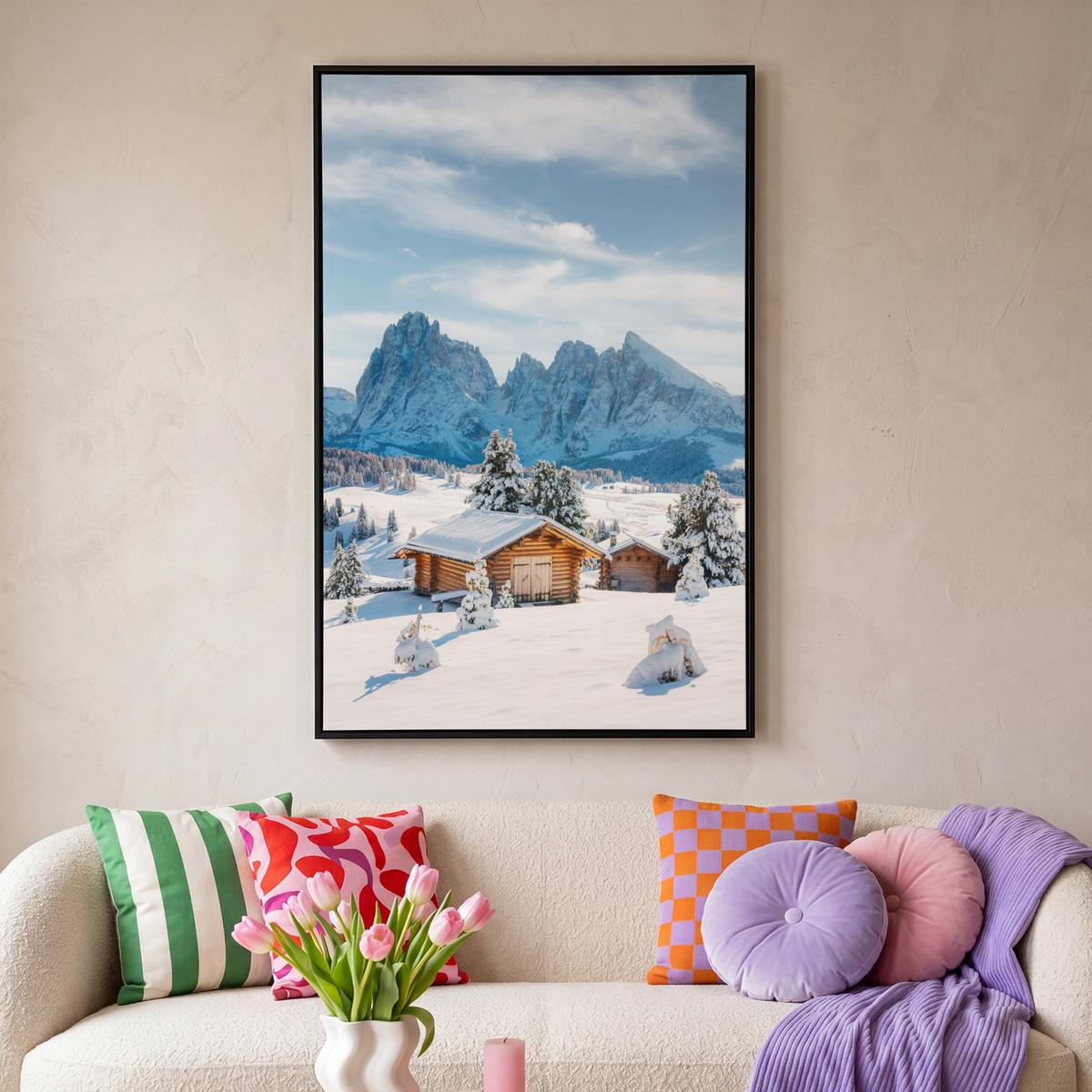 LEINWAND Bilder mit Rahmen - Winter - Hütte - Berge - Aussicht - Schnee - 100x150 - Eichefarben, Textil (100/150cm) - MuchoWow