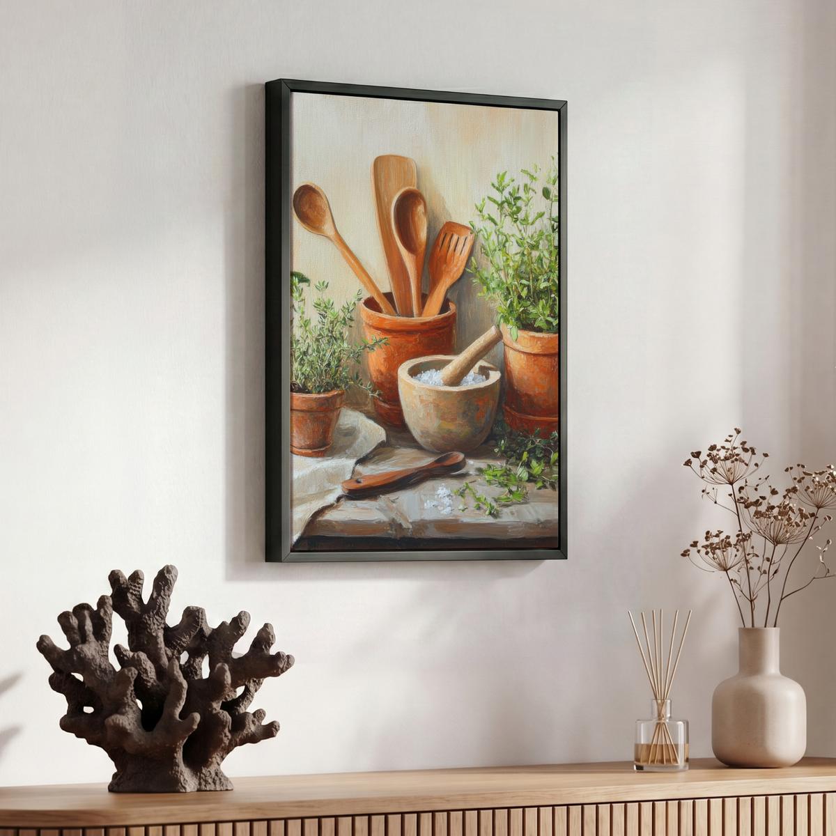 LEINWAND Bilder mit Rahmen - Töpfe - Kräuter - Holz - 30x40 - Terracotta, Textil (30/40cm) - MuchoWow