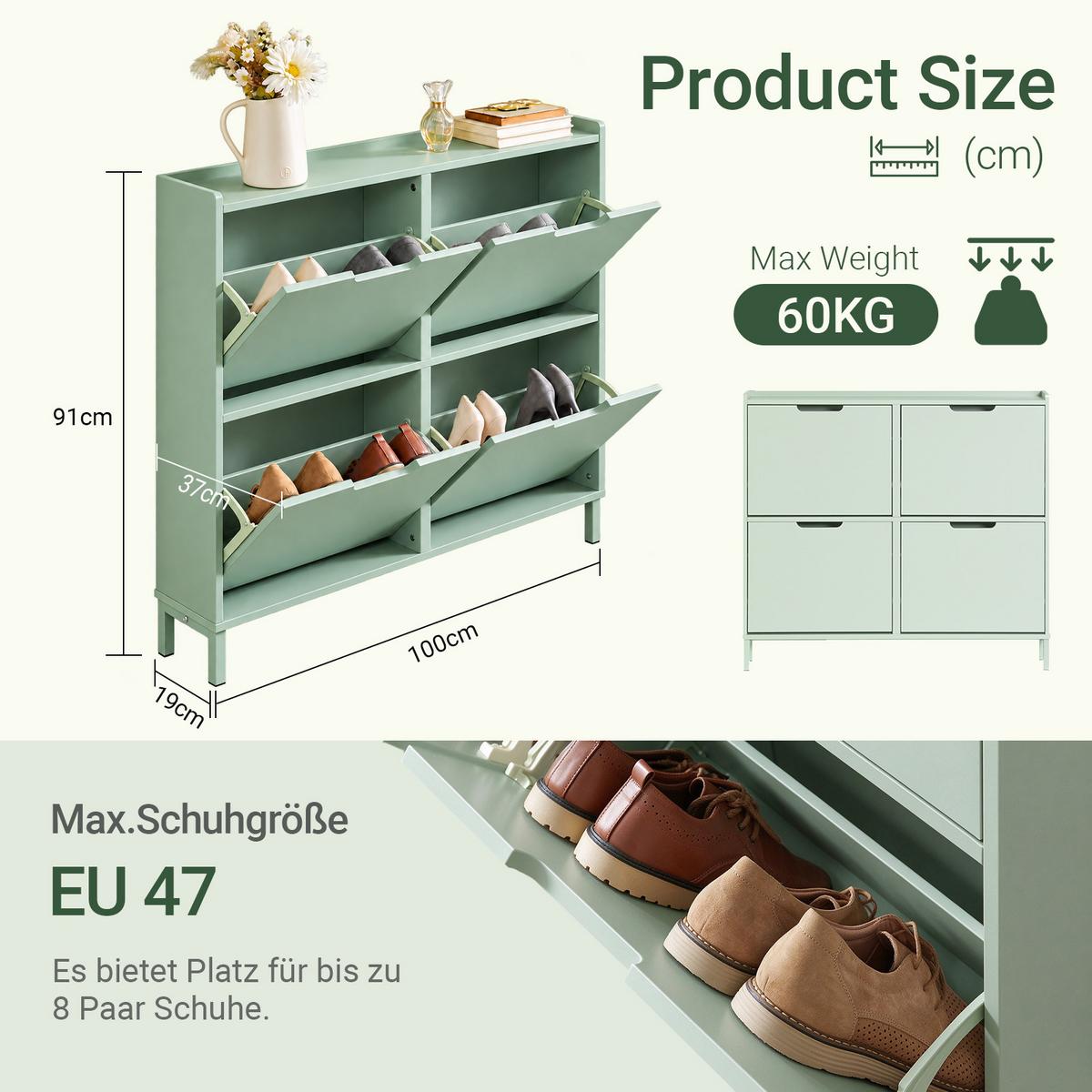 SCHUHSCHRANK grün, 100x91x19 cm, 4 Klappen für 8 Paar, nur 19 cm tief, Ablagefläche oben, für schmale Flure & hinter der Tür - Grün, Holzwerkstoff/Metall (100/91/19cm) - SoBuy