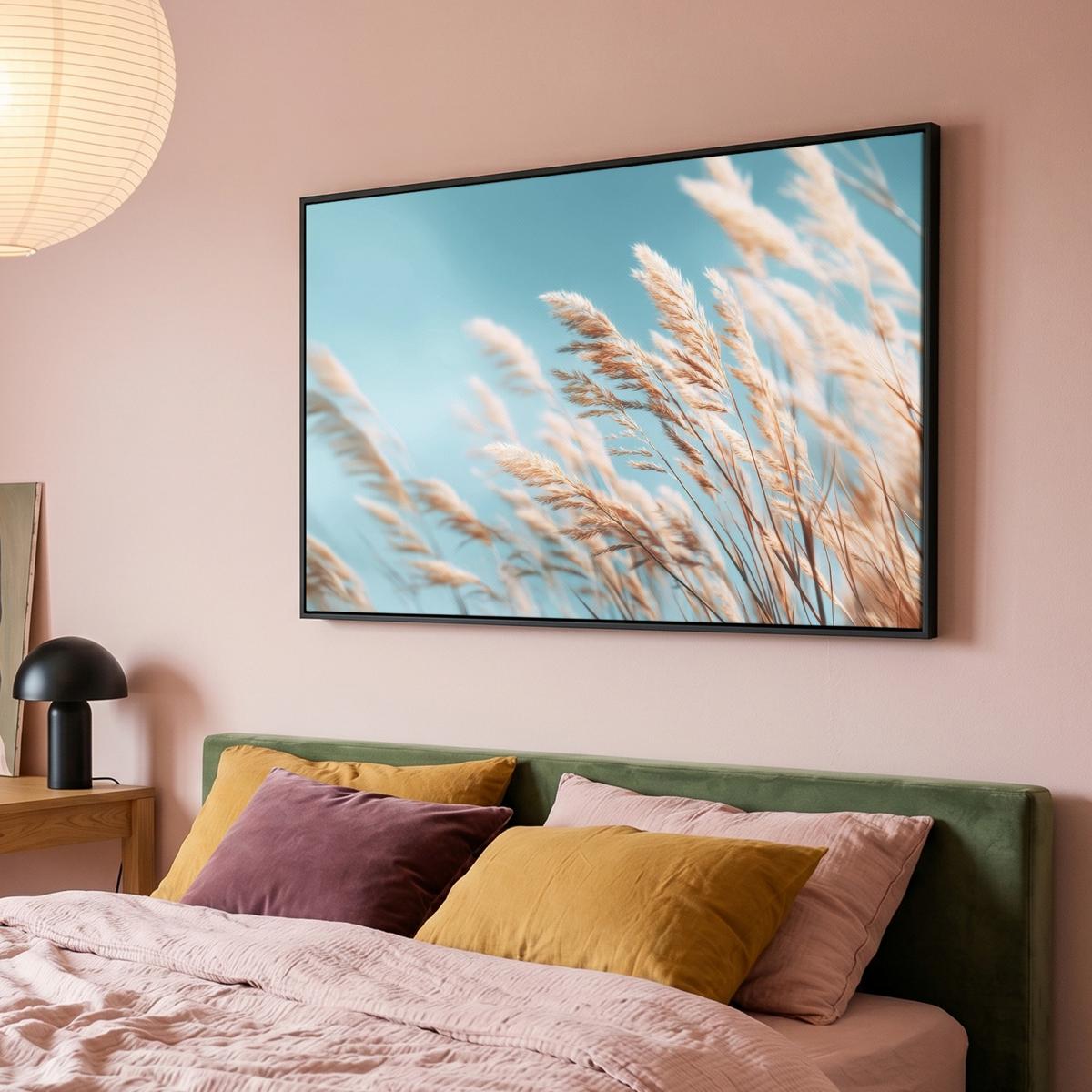 LEINWAND Bilder mit Rahmen - Ziergras - Wind - Hellbraun - 140x90 - Hellblau, Textil (140/90cm) - MuchoWow