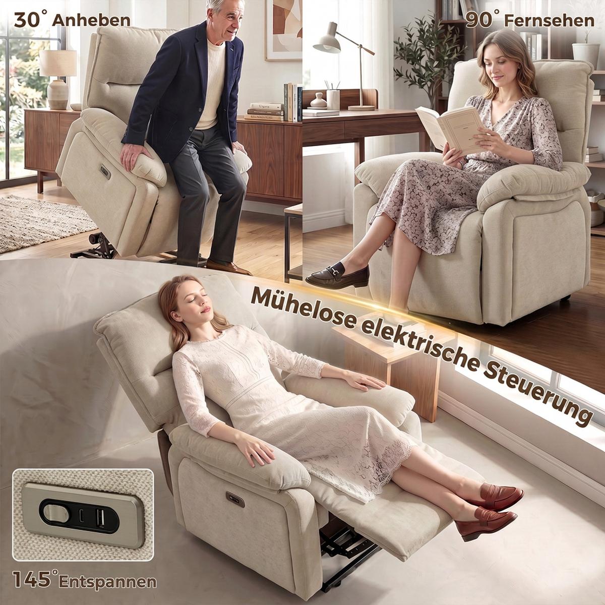 ELEKTRISCHER-AUFSTEHSESSEL Chenille 100 Polyester Creme - Creme, Textil/Metall (82/96/88cm) - HOMCOM