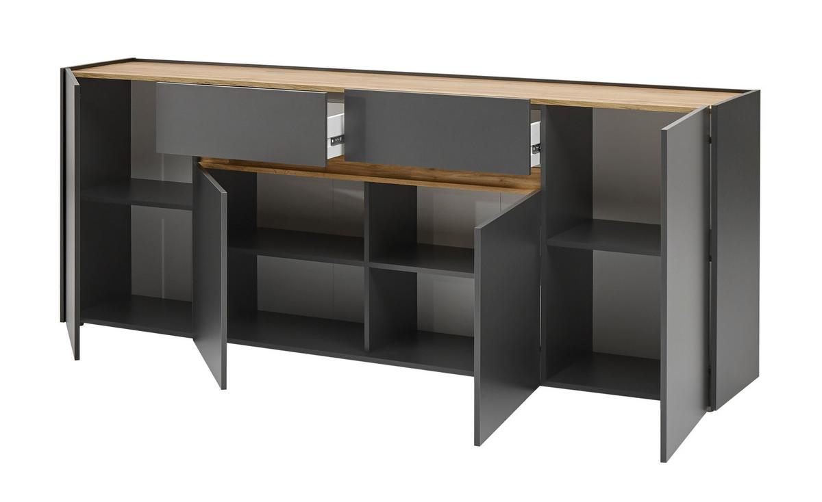 SIDEBOARD grau matt, Wotan Eiche, Kommode 220 x 87 cm mit 4 Türen und Schubladen - Anthrazit/Eiche Wotan, Holz/Holzwerkstoff (223/86/40cm) - Furn.Design