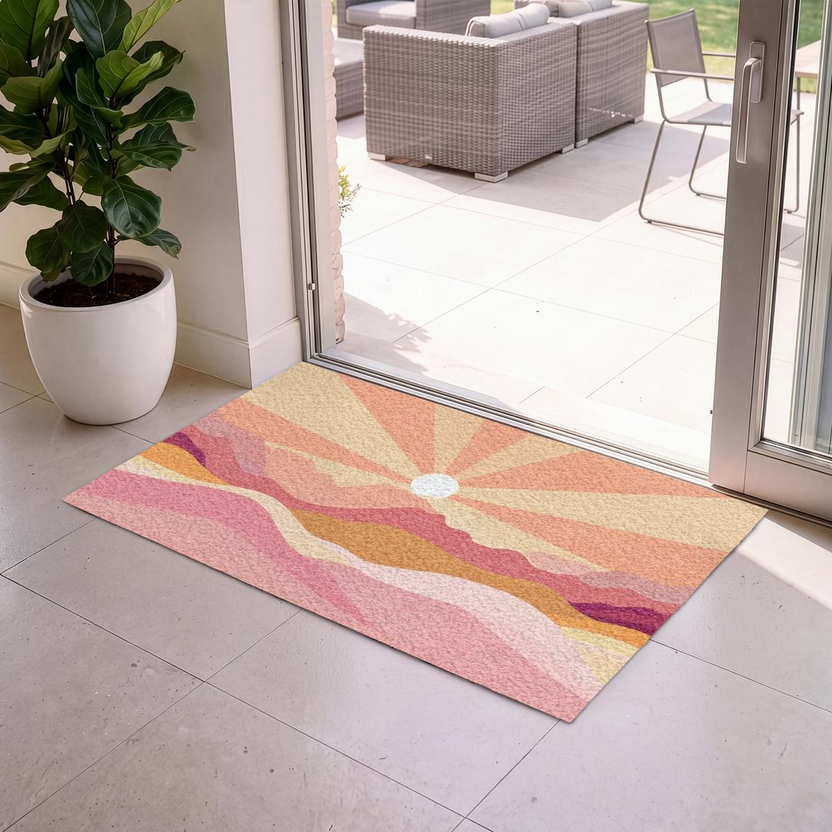 FUSSMATTE Berge - Abstrakt - Sonnenstrahlen - Rosa Sauberlaufmatte 120x80 cm - Rosa, Kunststoff (120/0.4cm) - MuchoWow