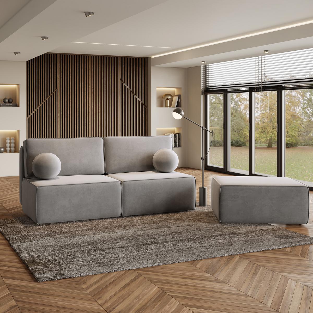 ECKSOFA VARNA M Hellgrau Velours-Stoff mit Schlaffunktion - Hellgrau/Grau, Holz/Kunststoff (196/158cm) - MASSENO