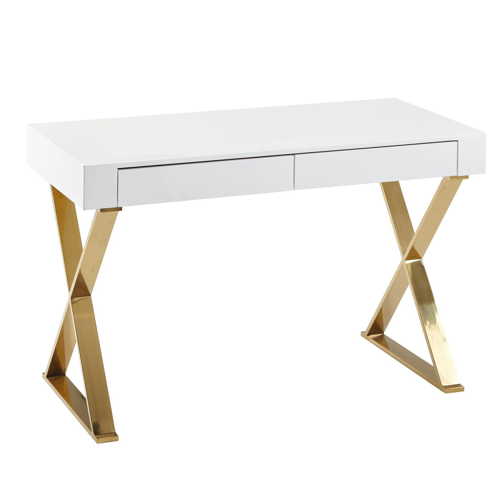 SCHREIBTISCH – Hochglanz Weiß, 118x76x57 cm, goldene Metallbeine, 2 Schubladen - Goldfarben/Weiß, Holzwerkstoff/Metall (118/57/76cm) - KADIMA DESIGN
