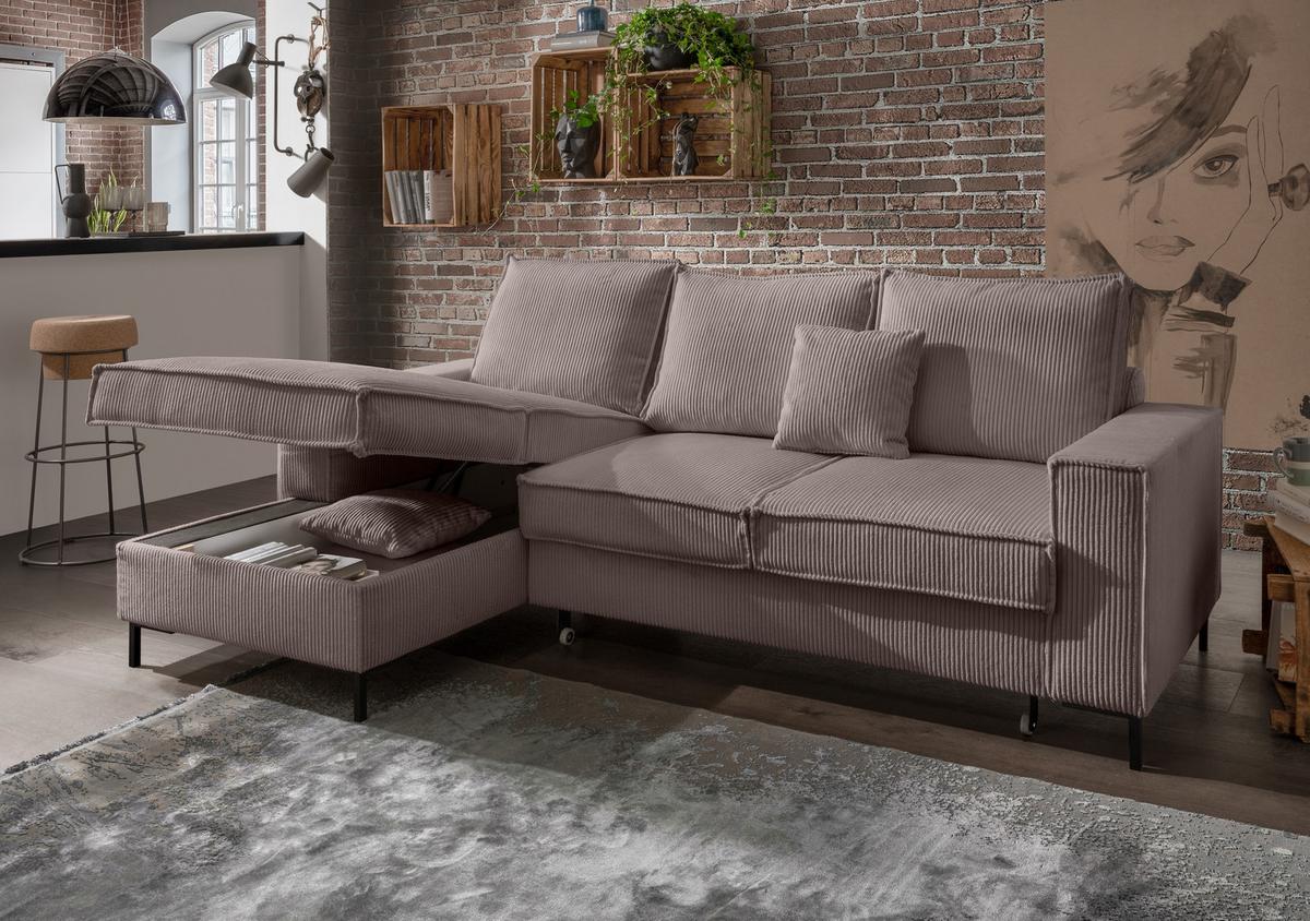 ECKSOFA mit Schlaffunktion, Bettkasten, Wellenunterfederung, Récamiere links B240/T150/H92 cm, Liegefl. 125x198 cm, Cord Braun Taupe / 17225 - Schwarz/Braun, Textil/Metall (240/150cm) - luma-home