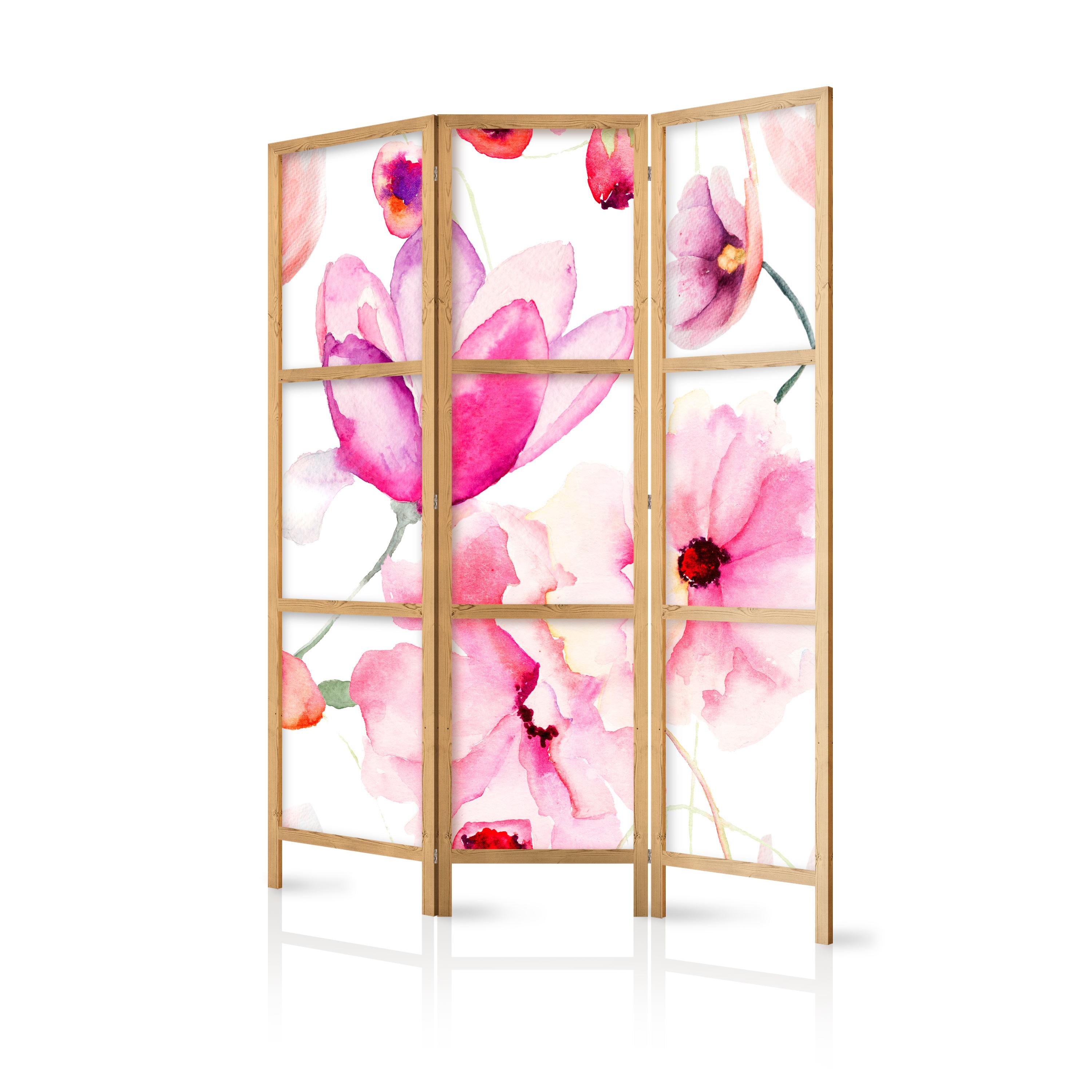 PARAVENT Japanischer 3-tlg 135x172 cm Aquarell Blumen - Rosa, Holz/Textil (135/172/3cm) - Muralo