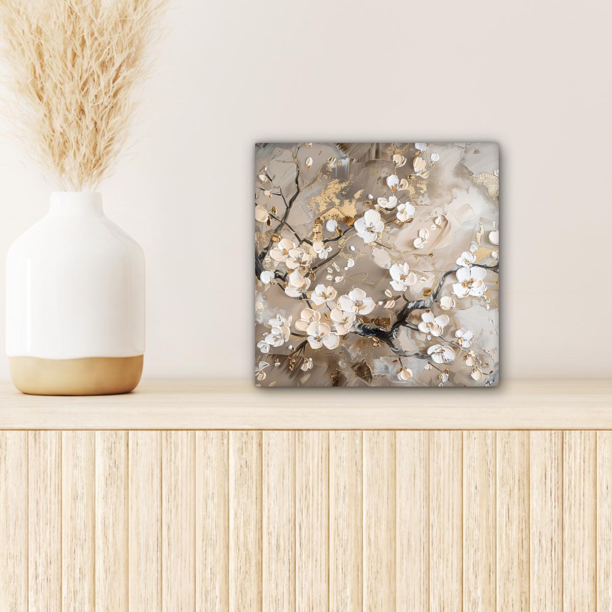 LEINWANDBILD Blumen - Weiß - Gold - Beige - Luxus Deko Wohnzimmer 20x20 cm - Greige, Textil (20/20cm) - MuchoWow