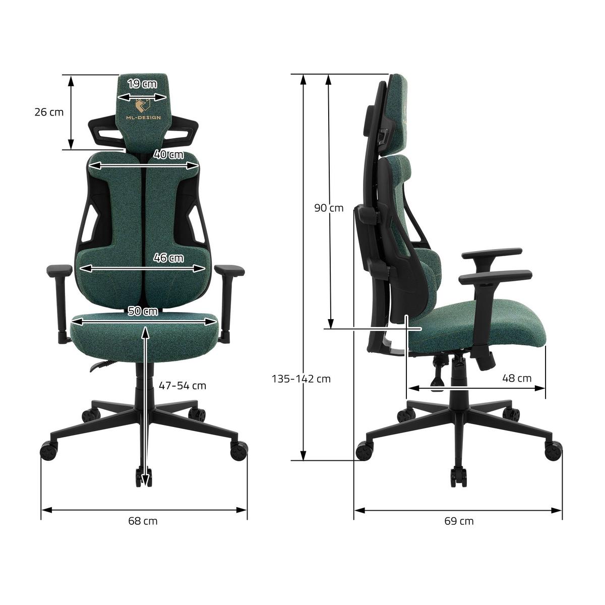 GAMINGSTUHL mit Stoffbezug in Grün Individuell Einstellbar - Schwarz/Grün, Kunststoff/Textil (69/142/68cm) - ML-DESIGN