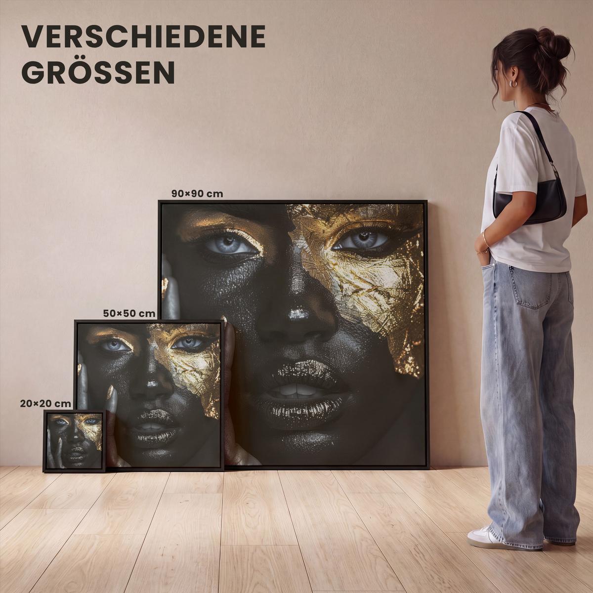 LEINWAND Bilder mit Rahmen - Frau - Gold - Porträt - Schwarz-Weiß - Luxus - 50x50 - Hellblau, Textil (50/50cm) - MuchoWow