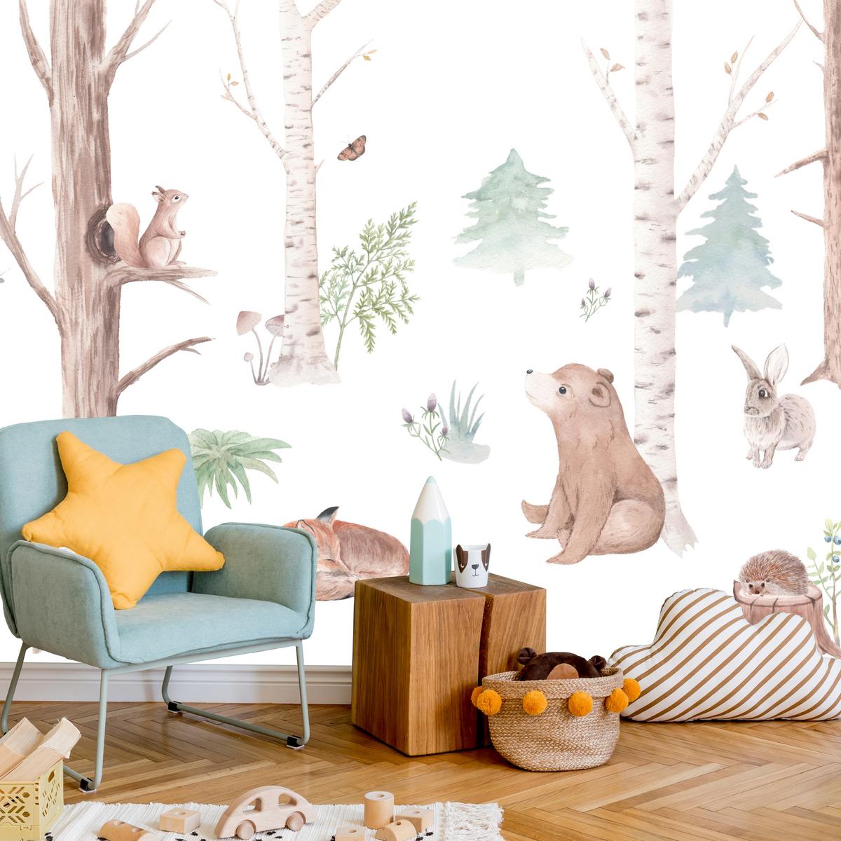 FOTOTAPETE für Kinderzimmer Wilde Waldtiere Aquarell Bäume 350x256 - Orange/Braun, Papier (350/256cm) - Muralo