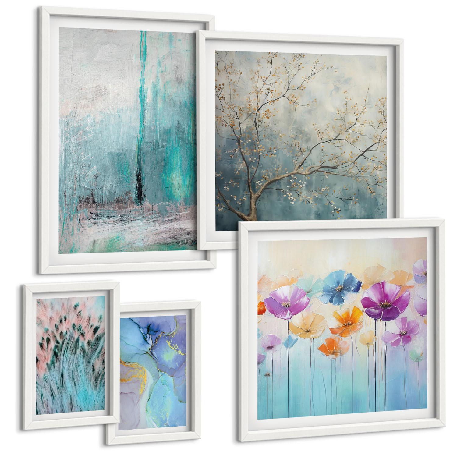 BILDER SET 5er Set - 50x50 cm & 20x30 cm & 40x60 cm Weißer Rahmen - Leuchtturm, Landschaft, Mädchen, Pferd - Weiß, Kunststoff (40/60cm) - TULUP