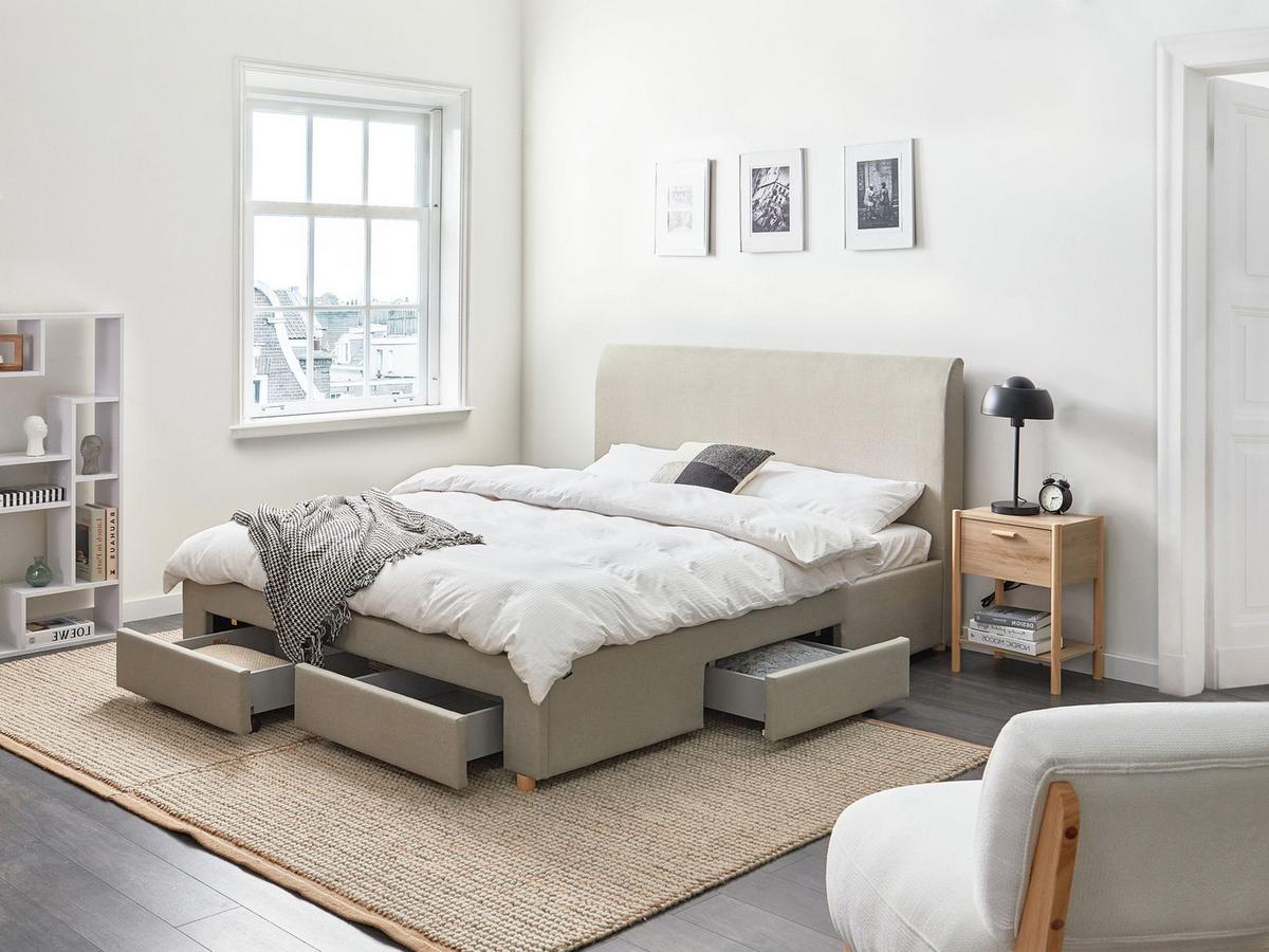 BETT mit Schubladen 160/200 cm Stoff Hellbraun Soutrin - Hellbraun, Textil (160/200cm) - Beliani
