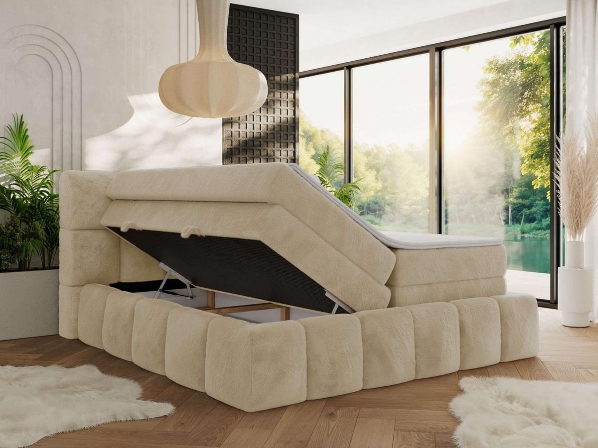 BOXSPRINGBETT NIRA KING 200/200 Creme Plüsch - H4 - Creme, Holz/Textil (200/200cm) - MKS
