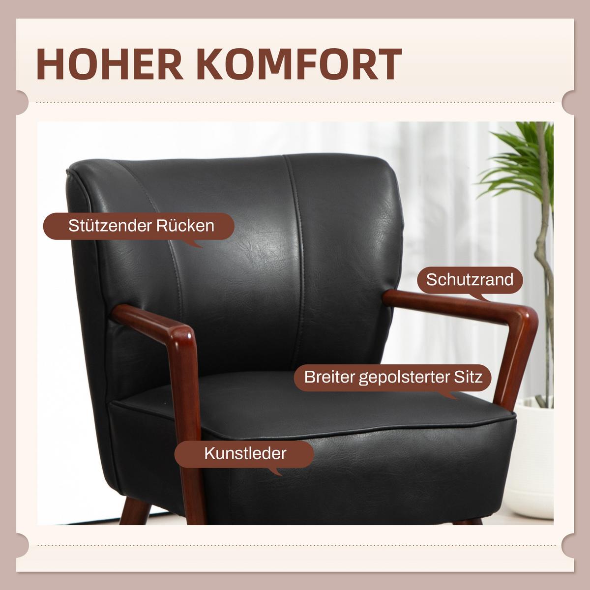 POLSTERSTUHL, gepolsterter Akzentstuhl mit Armlehnen, Holzbeine, Schwarz - Schwarz, Kunststoff (77/80/67cm) - HOMCOM