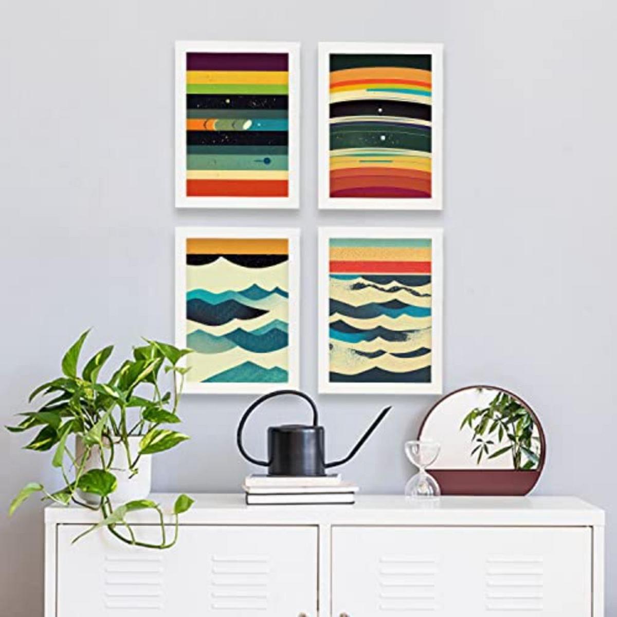 POSTER Set mit 4 Meer Abstrakt Moderne Galaxien A3 Rahmen aus hellem Holz - Beige, Papier (29.7/3cm) - Nacnic