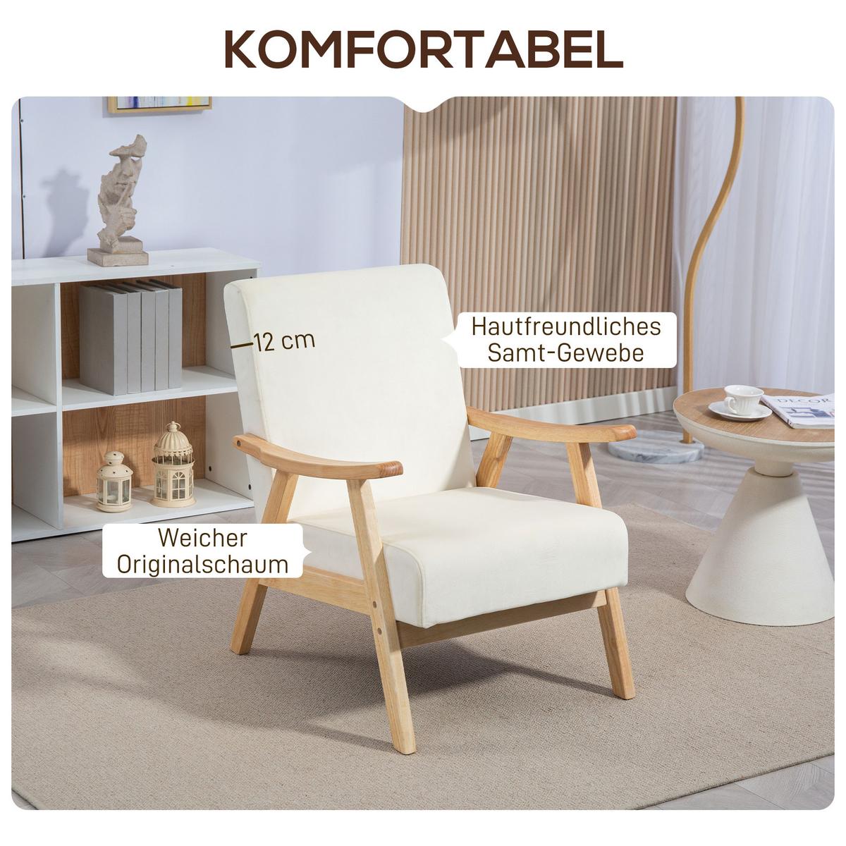 SESSEL Wohnzimmer Nordisch Relaxsessel mit Armlehne, Sitzkissen Cremeweiß - Creme, Kunststoff (65/83/80cm) - HOMCOM