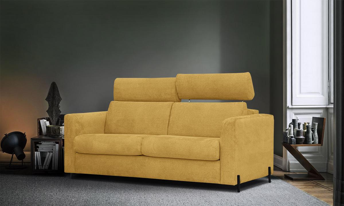 SOFA MEZO 3-Sitzer mit Schlaffunktion, gelb - Gelb/Schwarz, Holz/Textil (232/90/107cm) - Wozimo