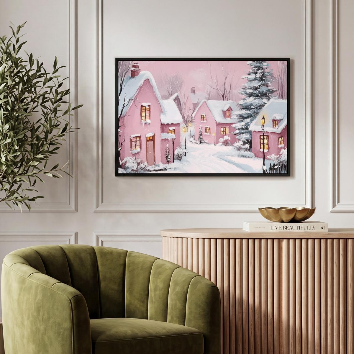 LEINWAND Bilder mit Rahmen - Weihnachtsdorf - Rosa - Winter - Schnee - Häuser - 60x40 - Altrosa, Textil (60/40cm) - MuchoWow