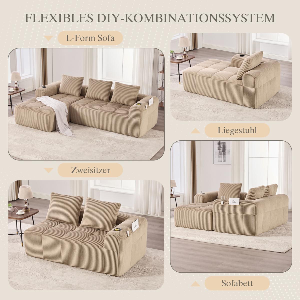 ECKSOFA 3-Sitzer mit Getränkehalter, Seitentaschen & 3 Kissen - Taupe, Textil (253/158cm) - Urban Meuble