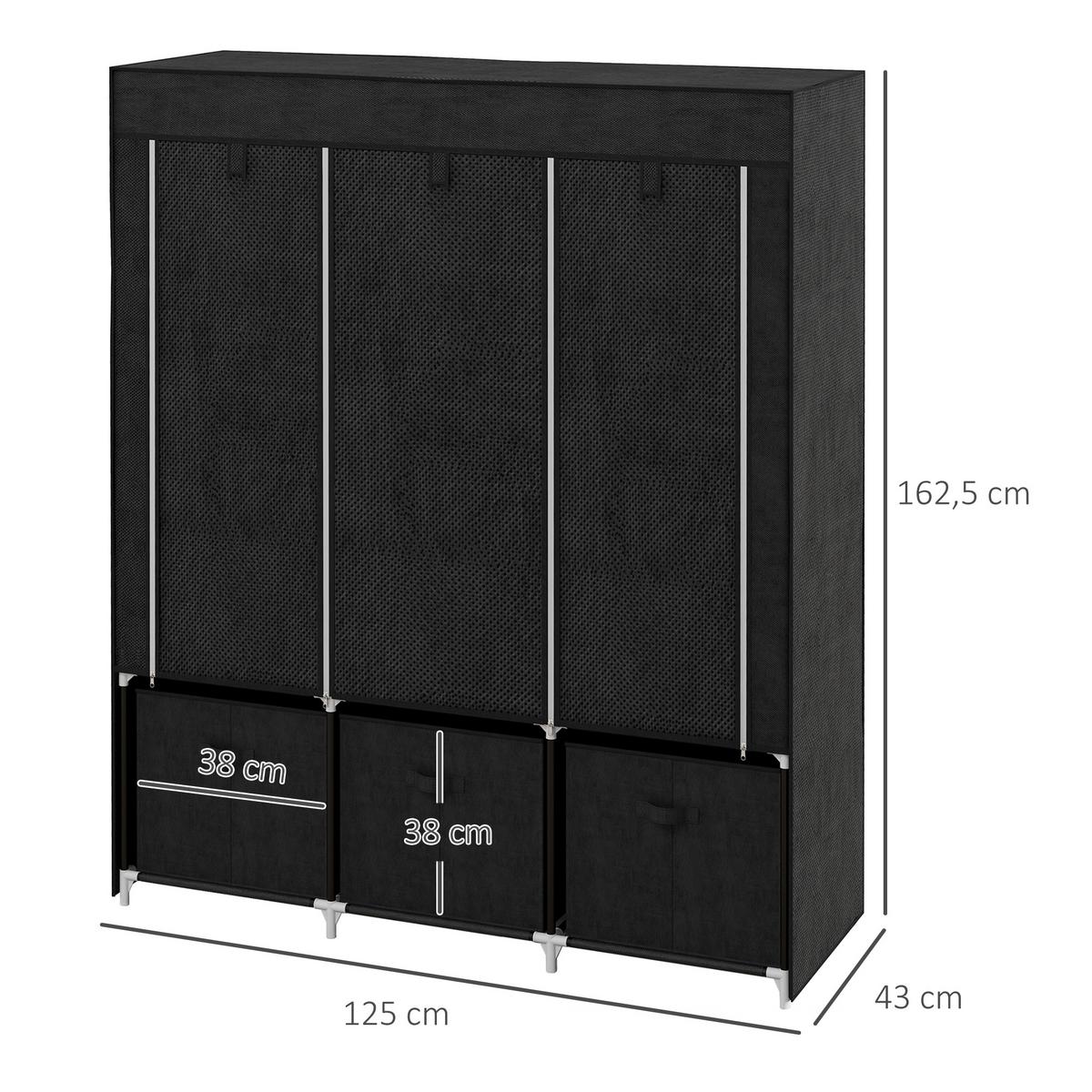 STOFFSCHRANK, Kleiderschrank, Faltschrank mit Reißverschluss, Faltbare Garderobe - Schwarz, Kunststoff/Textil (43/162.5/125cm) - HOMCOM