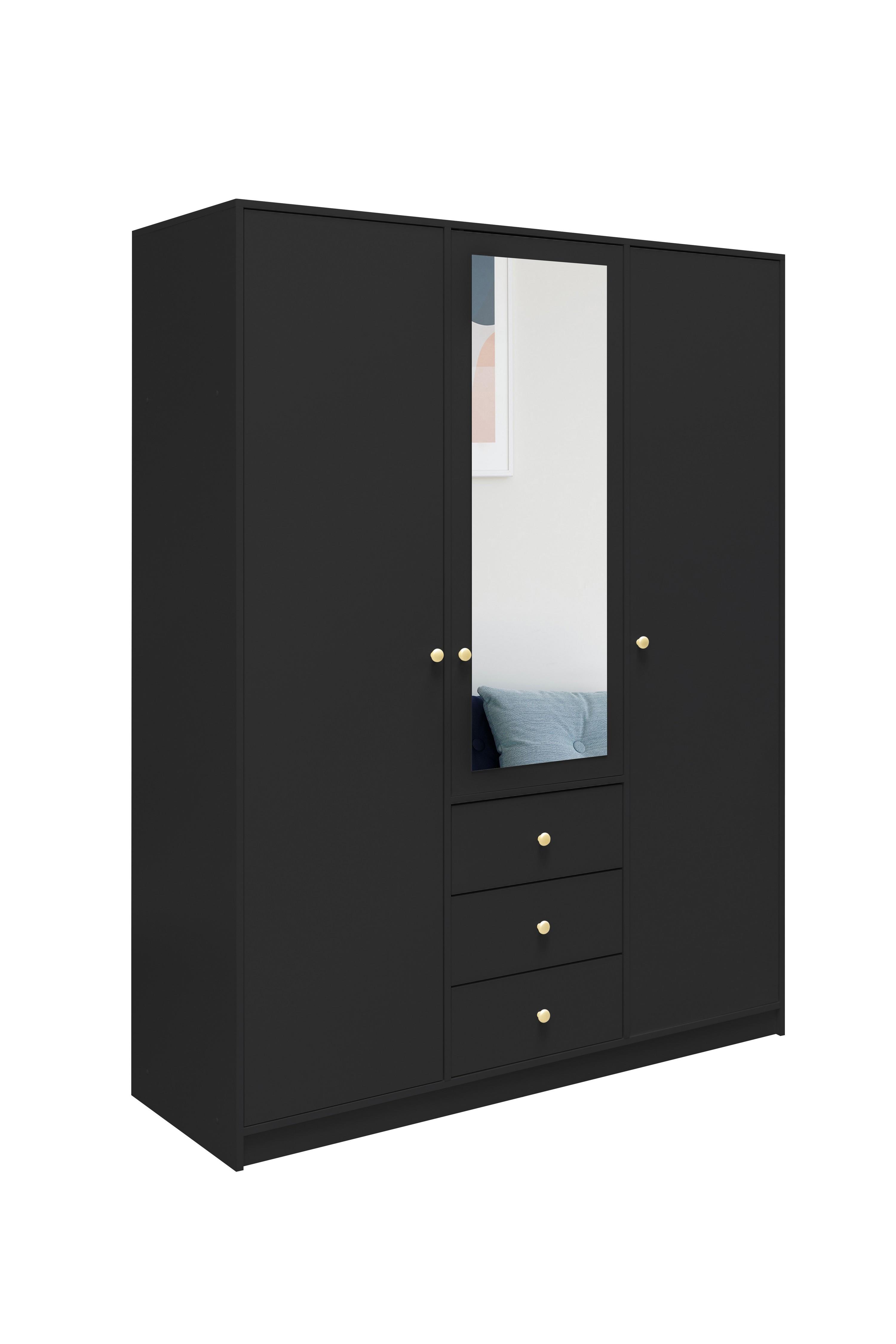 DREHTÜRENSCHRANK GALIO 149/200/57,5 cm 3-türig mit Spiegel Schwarz - Schwarz, Holzwerkstoff (149/200/57.5cm) - MASSENO